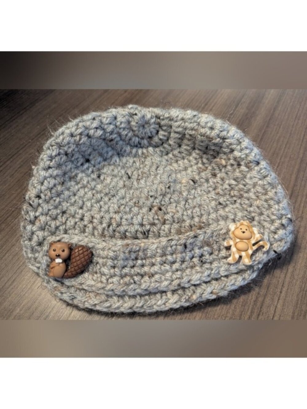 Gray Crochet Baby Hat Gray With Animal Button Detailing Sz 0-12 Months, handmade